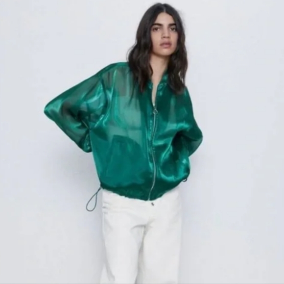 TEMPORARY PRICE REDUCTION EUC Zara Green sheer bomber style jacket Size XS - Picture 2 of 6